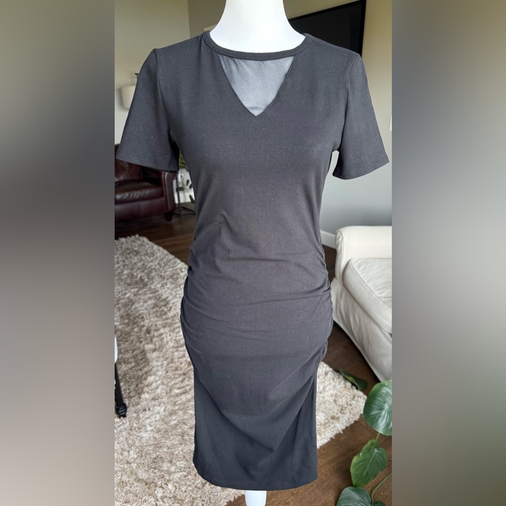 Allison Joy SMALL Black Tee Shirt Dress With Mesh Cut Out  Fitted And Stretchy